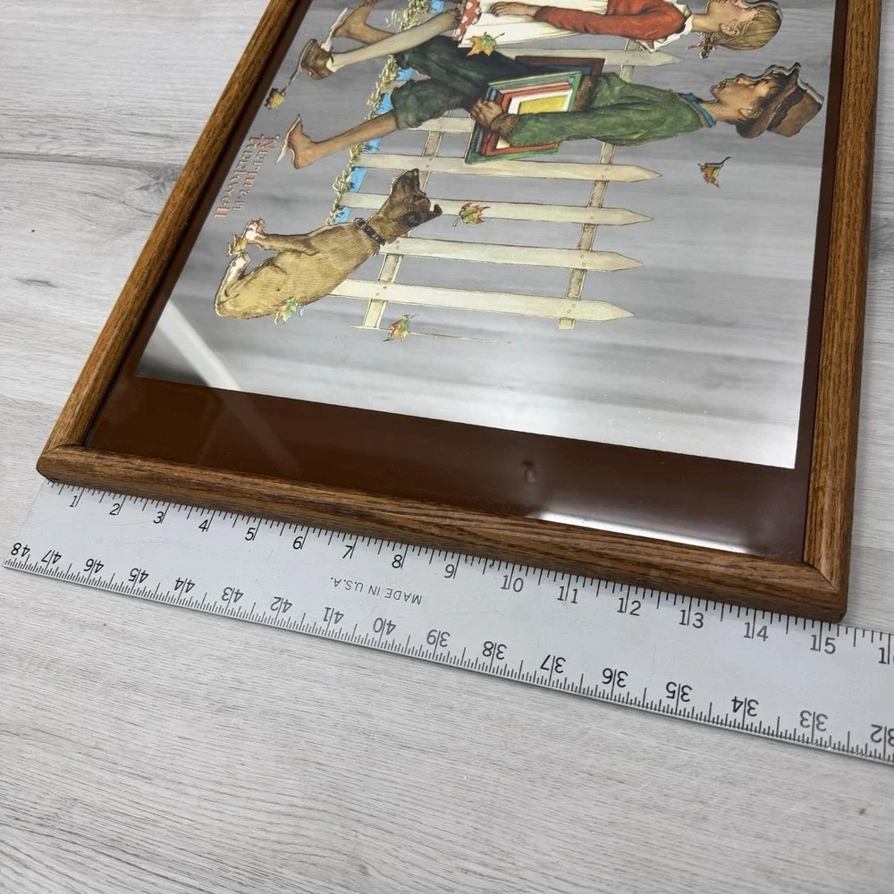 Norman Rockwell Walking to School Framed Mirror Oak Wood Vintage Wall Decor
